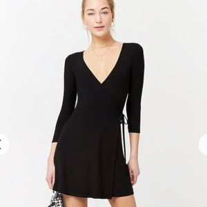 Black Ribbed Knit Mock Wrap Dress